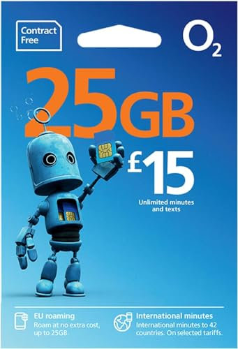 O2 PAY AS YOU GO SIM CARD WITH £15 BUNDLE - 25GB DATA AND UNLIMITED CALLS AND TEXTS - ROAM IN EUROPE