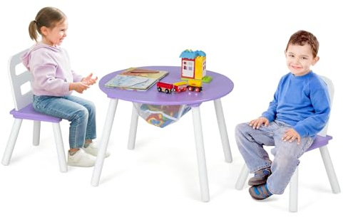 COSTWAY Mesa y Silla Infantil, Mesa Actividades y 2 Sillas con Centro de Red y Patas de Madera Pino, Mesa y Silla para Niños de 3+ Años para Artesanías Comidas y Estudio (Morado)