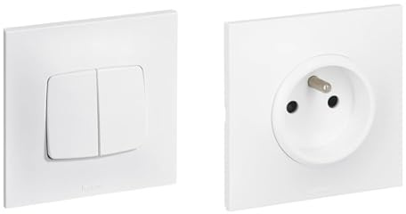 LEGRAND - Interrupteur Double ou Va-et-vient Neptune 10A - Commande d'Éclairage Monobloc & Prise Electrique Murale avec Terre Neptune - Prise 2P+T Monobloc - Fixation à Griffes/Vis - Blanc
