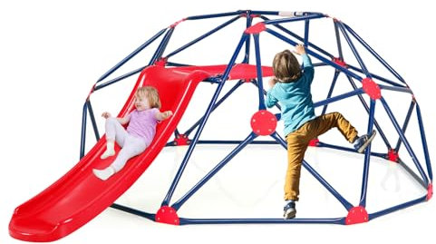 HOMASIS Ø 183cm Kletterkuppel mit Rutsche, Klettergerüst Kuppelform, Spielplatz Outdoor & Indoor, 180 kg belastbar, Kletterturm für Kinder 3-10 Jahren, für Garten, Hinterhof (Blau+Rot)