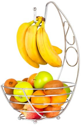 Innoteck Essentials Chrome Banana Tree Fruit Bowl - Wire Basket with Banana Hanger Hook - Storage for Fruit, Vegetables, Snacks, and More - Decorative Bowl for Kitchen, Table Countertop, and Pantry