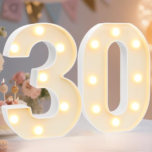 Decorative Led Light Up Number Letters, White Plastic Marquee Numbers Lights Sign for 30th Birthday Party Wedding Decor Battery Operated Number (30)