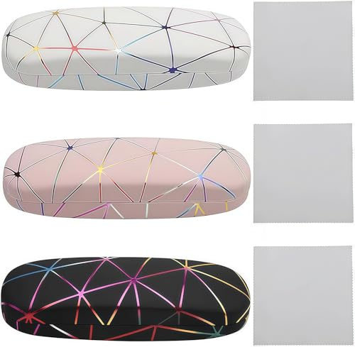 GUO-YING 3 Stück Brillenetui Hardcase, Kratzfeste Brillenbox aus Leder mit Hartschale und Putztuch, Tragbares Hartschalenetui für die meisten Brillen und Sonnenbrillen