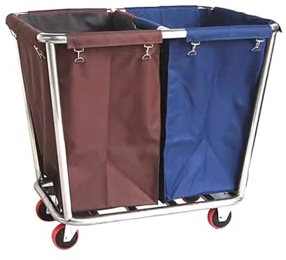 Cesto Ropa Sucia 2 Compartimentos con 4 Ruedas Carro de Lavandería Comercial Cesta de Lavandería Resistente Cesta de Acero Inoxidable Capacidad de Carga 100kg