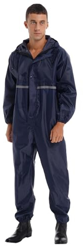 Kaerm Uomo 1 Pezzo Tuta Antipioggia ad Alta visibilità con Striscia Riflettente Giacca Impermeabile Antipioggia Mantella Tuta con Cappuccio e Coulisse Blu Scuro L