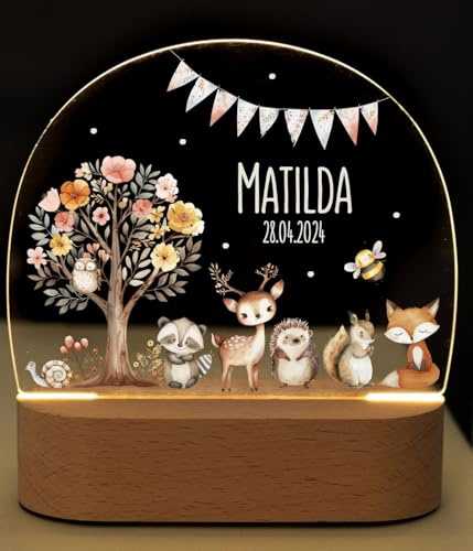 Bärenfreunde® - Personalisiertes Nachtlicht für Babys - Individuelle Nachttischlampe für Kinder - Personalisierte Geschenke Kinder - Babygeschenk - Geschenk zur Geburt (Blumenbaum Tiere)