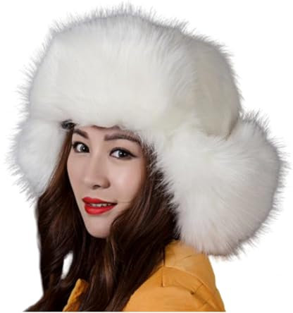 Generisch Kunstpelz-Trappermütze für Damen, Russische Schapka Uschanka Plüschmütze Warme Wintermütze für Ski, Snowboarden, Wandern, Camping (DE/NL/SE/PL, Alphanumerisch, Einheitsgröße, Weiß)