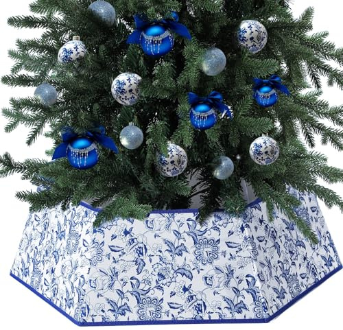 Poen 31.5 Inch Blue and White Chinoiserie Christmas Tree Collar Hexagon Fabric Collapsible Skirt Christmas Tree Collars for Artificial Trees for Christmas Decorations