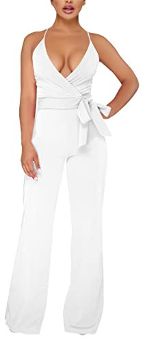 Damen-Overall, langer Hosenanzug, Strampler, einfarbig, Neckholder, V-Ausschnitt, trägerloser Jumpsuit für Damen, weiß, XL