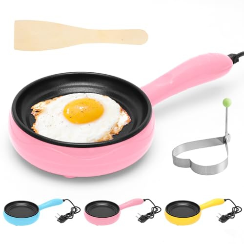 Tutamaz Elektrische Bratpfanne, 220V Mini-Bratpfanne Multifunktionale Gebratene Steak-Pfannkuchen-Eierpfanne mit Antihaftbeschichtung und Holzspatel für Omelett, Burger, Fleisch, Pfannkuchen-Rosa
