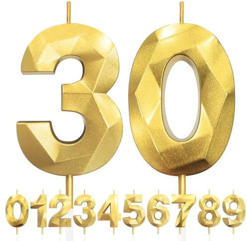 Kerzen zum 30. Geburtstag, Zahl 30, goldene Geburtstagskerzen für Kuchen, Diamant-3D-Happy Birthday-Kerzen, Kuchenkerzen-Dekorationen für Geburtstagsparty, Hochzeitstag, Feier-Zubehör
