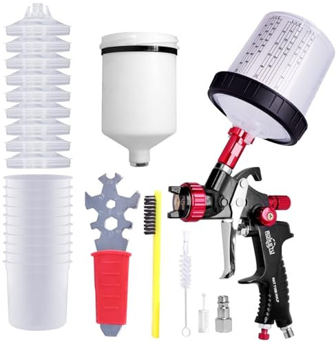 HVLP - Pistola a spruzzo professionale con ugello da 1,3 mm e tazza di plastica da 600 ml, sistema a spruzzo fine per verniciatura auto (1,3 mm con 10 tazze per pistola a spruzzo)