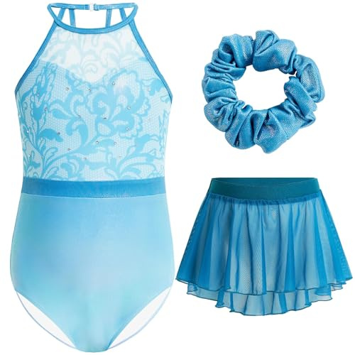 Gogokids Conjunto de gimnasia para niña, 3 piezas, traje de gimnasia para niños, con brillantes y diseño de flores, trajes de ballet brillantes, incluye leotardo, falda de gasa y cinta para el pelo,