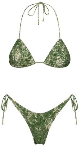 Bikini Damen Set Sexy Klassischer Triangel Rückenfrei Bikinioberteil Brazilian Style 2tlg Falten Tanga Bikinis Verstellbare Bademode Unterteil Seitlicher Schnürung Blumenmuster Zweiteiliger Badeanzug