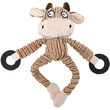 JACKANNA Giocattolo di peluche scricchiolante per cani, giocattolo da masticare per cuccioli, giocattolo a forma di animali cartoni animati (mucca di ribes)