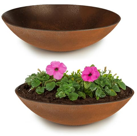matches21 macetas resistentes a la intemperie en 45 cm para exteriores – 2 cuencos grandes planos decorativos en aspecto oxidado como cuencos de flores – cuencos planos de jardín para flores, bonsái o