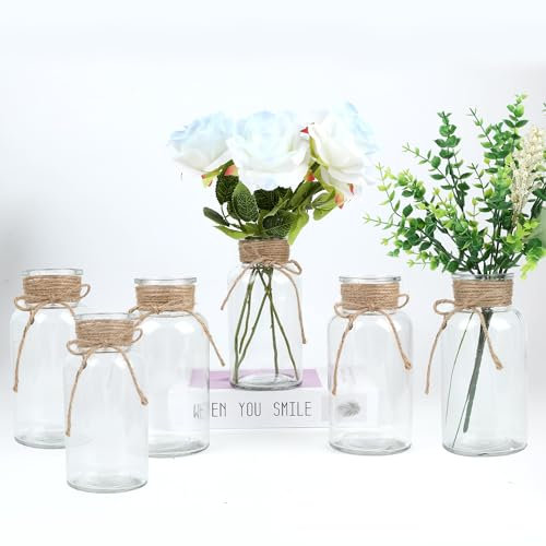 Vintage Glass Flower Vase，6 Pack Farmhouse Glass Centerpiece Vases Mason Jars for Weddings, Parties & Home Decor Bulk (6, Transparent)