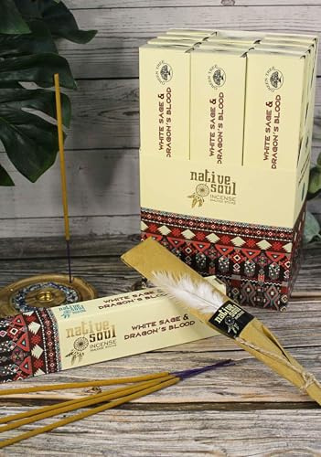 Native Soul Räucherstäbchen Weißer Salbei & Drachenblut - 3er Pack mit JRose Räuchergefäß - Schützend & Entschlackend für Energie Reinigung & Meditation - Langanhaltender Duft