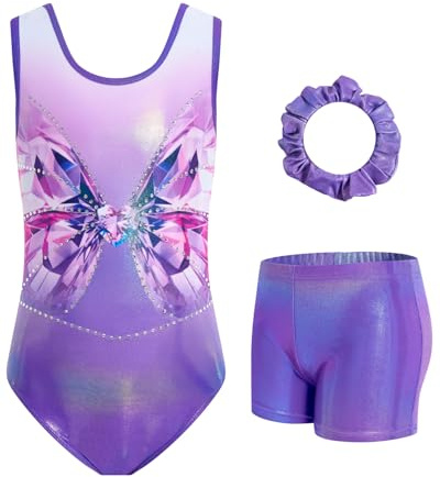 JiAmy Gymnastics Leotards for Girls, 3Pcs Sleeveless Athletic Outfit Sparkly Dance Unitards with Shorts Ballet Biketards 6-7 Years