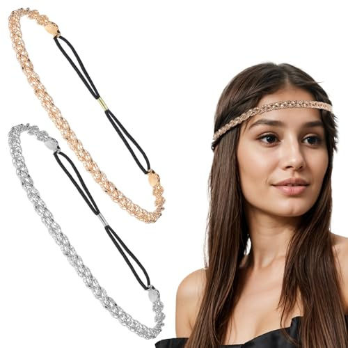 Xindojuz 2 PCS Rhinestone Headband, Adjustable Silver Gold Headband Girls Sparkly Crystal Braid Headpiece for Women Hair Accessories, Glitter Head Chain 70s Accessories Women (Gold, Silver)
