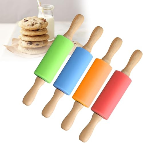 Matterello in Silicone Antiaderente Con Manici in Legno - Mattarello per Pasticceria e Bambini (4, Blu,verde,rosso,arancione, 31 * 4.2cm)