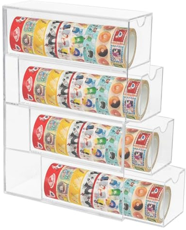 Rinteea Organiseur de Washi, 4 tiroirs empilables en plastique Washi Tape - Tiroirs de rangement transparents