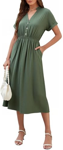 Genfien Vestidos Verano Mujer con Manga Corta Cuello V Elegante Cintura Alta con Bolsillo Casual Bohemio Vestidos de Playa
