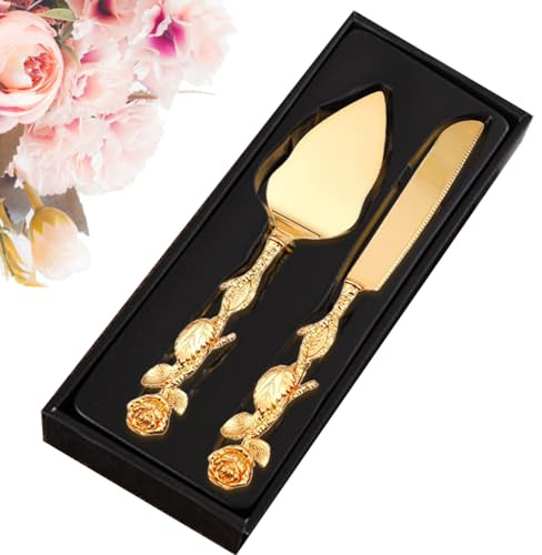 Neroyaner Cake Cutting Set for Wedding Gold Cake Cutter and Server Set with Rose Handle Elegant 2Pcs Serving Setfor Engagement, Anniversary, Birthday, Party Cutting For Wedding