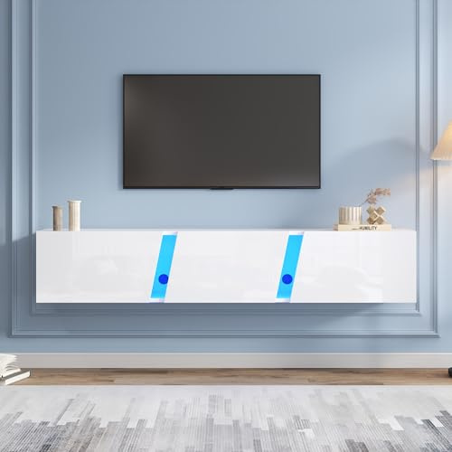 SUKY Mueble de TV de pared blanco, 180 x 35 x 30 cm, armario de TV con luces LED, con 3 puertas de armario, apto para televisores de 75 pulgadas, armario de TV brillante