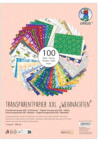 Ursus 7757 46 99 - Transparentpapier XXL Weihnachten, 100 Blatt DIN A4, 115 g/m², 50 Motive sortiert, einseitig bedruckt, Bastelpapier für Fensterbilder, Laternen & Deko