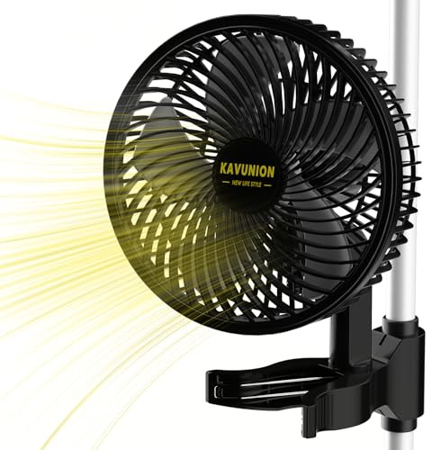 KAVUNION K1 Growzelt Clip Ventilator, 9W EC-Motor Ventilator Oszillierend 6-stufige Geschwindigkeitsregelung 250cm Kabel leiser 28 dB Typ-C-Anschluss Clip Fan Für Growzelt Schlafzimmer oder Büro