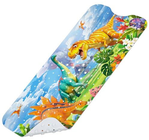 Omedecal Baby badmatta halkfri för badkar, 100 x 40 cm lång badrumsmatta, halkfri duschmatta med sugkoppar och dräneringshål, dinosaurie