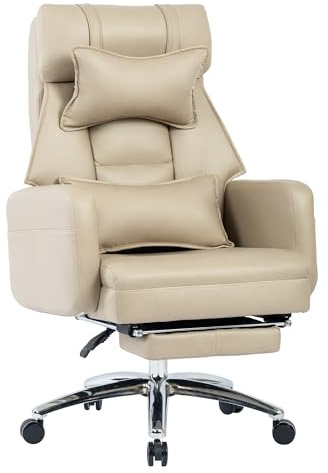 I0I&I0I Chaise de bureau ergonomique à dossier haut avec fonction de couchage à 155 °, en cuir technologique, avec soutien lombaire, appui-tête, repose-pieds (beige)