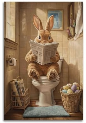 Osterhasen-Wandkunst, Hase auf Toilette, Bild für Wand, Osterhasen-Eier, Leinwanddruck, Badezimmer-Dekor, Poster, Hase, Ei und Badezimmer-Themen, festliche Wanddekoration, Leinwandrolle, 60 x 90 cm