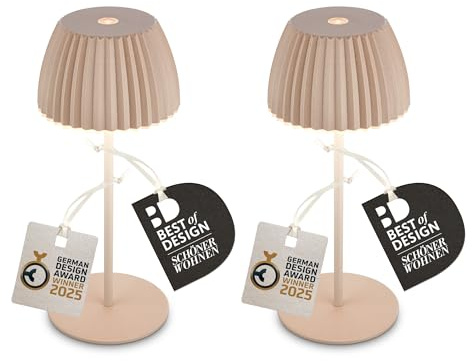 BRILONER - Lot de 2 Riffle Mini lampes de table LED sans fil avec bord lumineux, 8,5 x 20 cm, variateur tactile, lampe de chevet sans fil, salon, extérieur, German Design Award 2025, beige