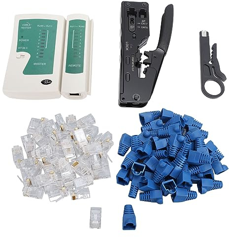 Pinza crimpatrice RJ45 professionale pass-through Ethernet, set di crimpatrice per cavi di rete con 50 testine 8P8C, tester, spelafili per l'installazione Cat5, Cat5e,