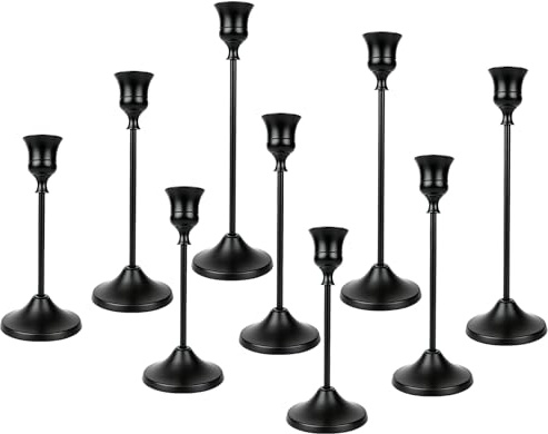 9 Stück Kerzenständer Set, Schwarz Kerzenständer aus Metall für Spitzkerzen; Vintage Kerzenhalter, Hohe & Kurze Candle Holders für Hochzeiten, Partys, Abendessen (Schwarz)
