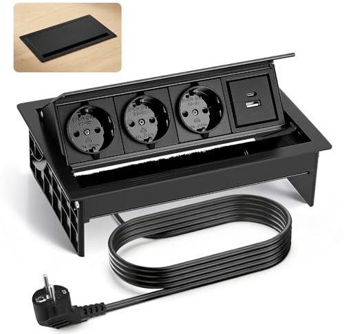 Empotrable Enchufe Mesa, 3 Tomas, Regleta Empotrable con 1 USB-C 1 USB-A, Multipresa Mesa en Aluminio, Cable de Alimentación 2m, 20W USB, para Oficina, Sala de Juegos, Sala Reuniones, Cocina 2500W