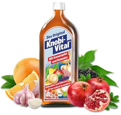KnobiVital mit Granatapfel & Holunder Bio (960 ml) I Hochkonzentrierter Knoblauchsaft mit Thiamin für Energie, Nerven & Herz - Natürlich & ohne Zusätze