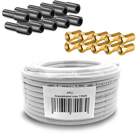 ARLI 50m Koaxialkabel – max. 135 dB 5-fach geschirmt UV-beständig + 10x vergoldete F-Stecker & 10x Gummitüllen für DVB-S DVB-T2 4K HDTV