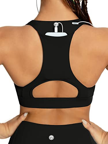 QUEENIEKE Women's Medium Support Back Pocket Energy Sport Bra Cotton Feel Size XL Color Black