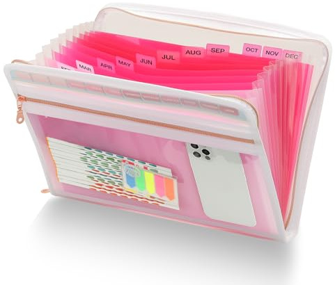 H4D 13 Pocket Expanding File Folder Organizer with Front Clear Pounch, Accordion File Organizer with Zipper Clourse, Fit for Letter Size Papers, Pink