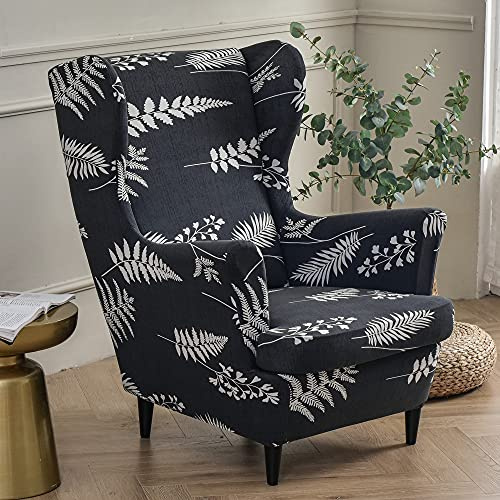 Highdi Funda de Sillón de Orejas Elástica para Strandmon, Funda de Sofá Relax 2 Piezas con Funda de Cojín, Fundas Protector de Butaca para Dormitorio, Recepción, Club (Helecho Negro)