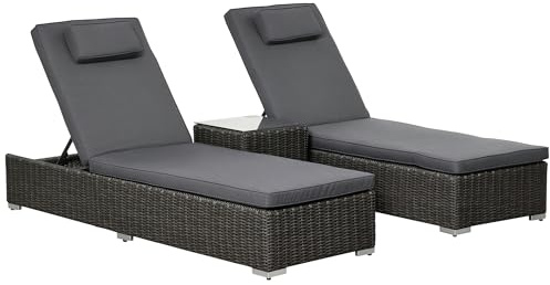 Outsunny Poly-Rattan Sonnenliege 3-TLG. Gartenliege mit 6-Fach Verstellbarer Rückenlehne Beistelltisch Nackenkissen Gartenmöbel Aluminium Grau 60 x 195 x 91 cm