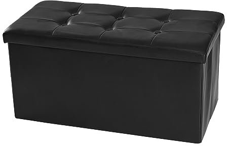 CMY Folding Ottoman Storage Boxs Footstool Toy Chest Seat Cube Bench Black Faux Leather Footrest Living Room Furniture76.5x38x38cm (Black)