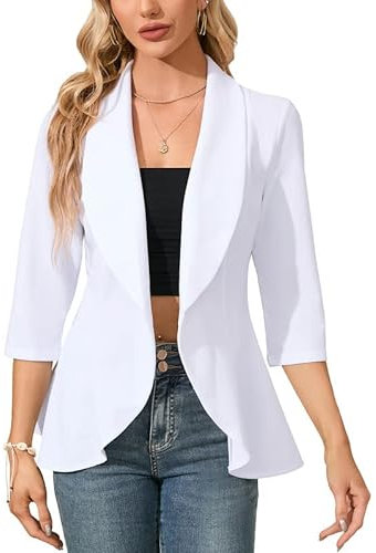Clearlove Business Jersey Blazer Damen Elegant Sportlich Taillierter Blazer Damen Gehrock 3/4 Ärmel Weiß S