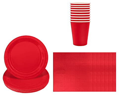 Aisszhao Solid Color Red Tableware Set Decor,20 Paper Napkins 16 Paper Cups Plates in Red,Disposable Paper Tableware Birthday Decorations for Him,Her,Men,Women,Adults Party,Kids Party AZCSCJ0308