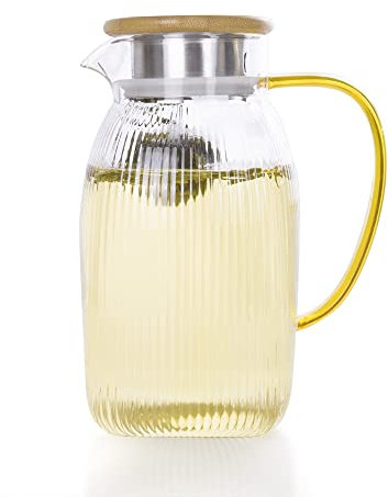 Eden & Willow Glass Water Jug with Stainless Steel Lid for Fridge | Ripple Large Pitcher, Glass Carafe with Handle for Serving Hot & Cold Beverages, 1.7L