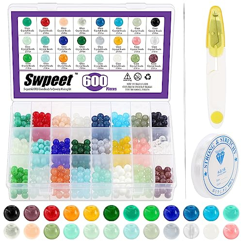 Swpeet 603Pcs 24 Colors Glass Round Beads Set for Jewelry Making, 8mm Glass Beads Bracelet Making Kit, Including Beads, Scissors, Elastic Strings Cord, Beading Needles for DIY Bracelet Necklace