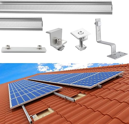 TEOV 1450mm Montageschiene PV Montageset Ziegeldach, Befestigung Solarmodul Halterung mit Dachhaken, Solarpanel Halterung mit Endklemme Und Mittelklemme 30mm, für bis 1134mm Breite 4 x Solarmodule